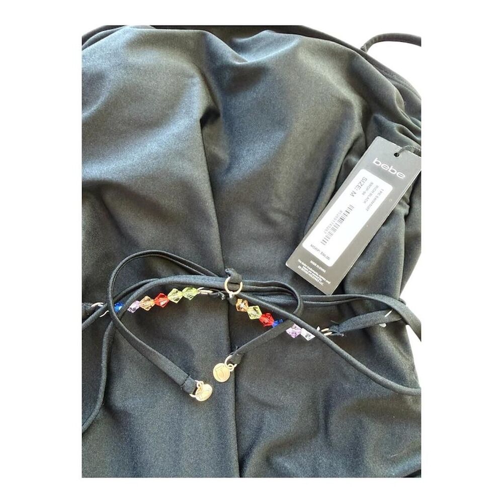 NWT Bebe Black One Piece Swimsuit Multicolor Gemstone Crystal Belt Size M - Picture 4 of 8